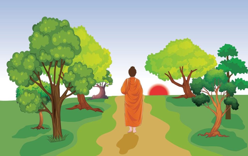 robbed monk walking down a path meant to visualize a someone leading through a yoga nidra for sleep practice