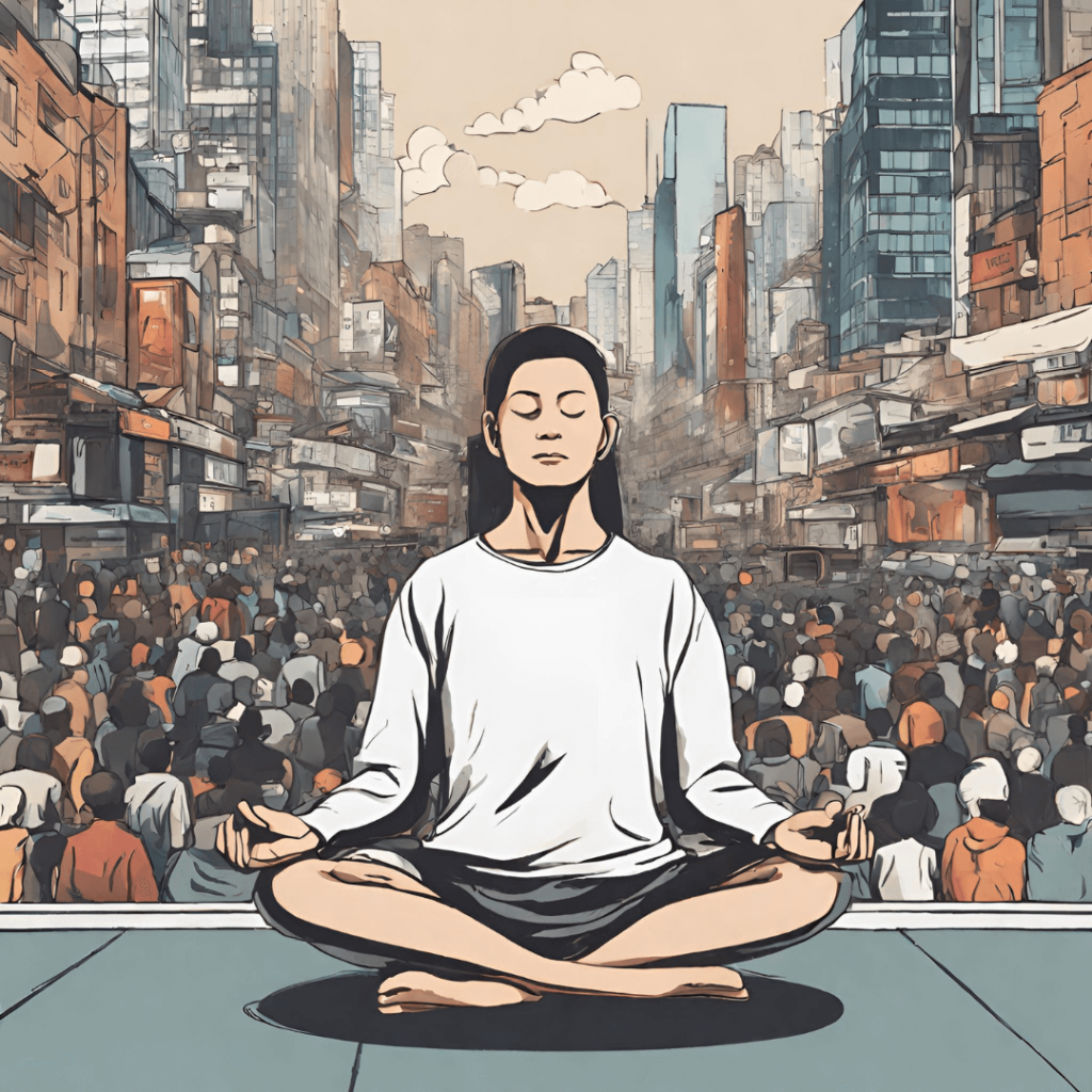 Illustration of person meditating in a busy cityscape